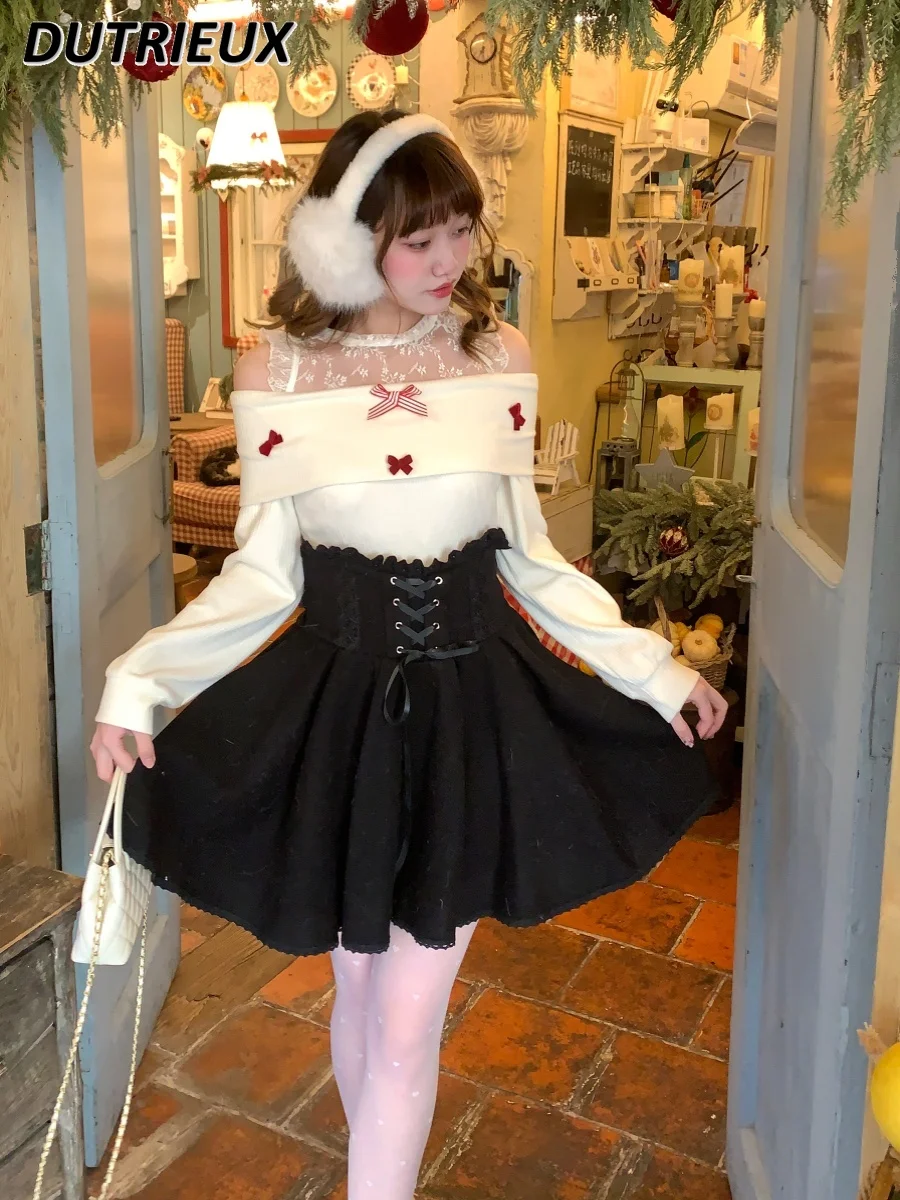 Весенне-осенний новый милый вязаный топ с длинными рукавами и бантом на плечах