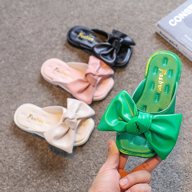 

Girl Princess Slippers 2022 Summer Little Girl Fashion Bow Tie Solid Color Shoes Children Soft Bottom Anti-Slip Drag Slippers