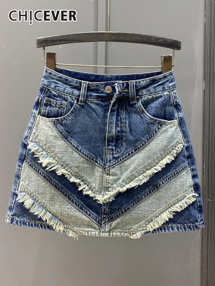 

CHICEVER Colorblock Denim Skirts For Women High Waist Patchwork Pockets Slimming Folds Bodycon Raw Hem Summer Mini Skirt Female