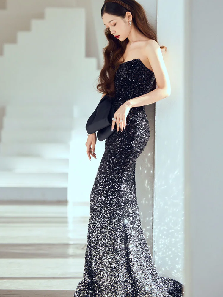 

Сексуальные черные вечерние платья с юбкой-годе, длинные платья для выпускного вечера, блестящие женские платья со съемным большим бантом и шлейфом