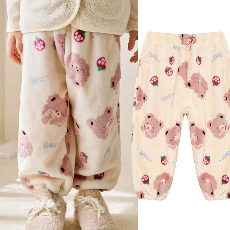 

BEBEZOO Kids Trousers Flannel Warm Cartoon Bear Print Autumn and Winter Home Pajamas Boys and Girls Loose Children Trousers