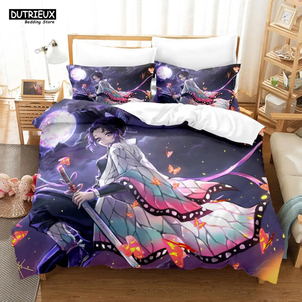 

3D Print Kochou Shinobu Bed Linen Anime Demon Slayer Bedding Set 200x200 Teens Boys Twin Single Queen King Full Duvet Cover Sets