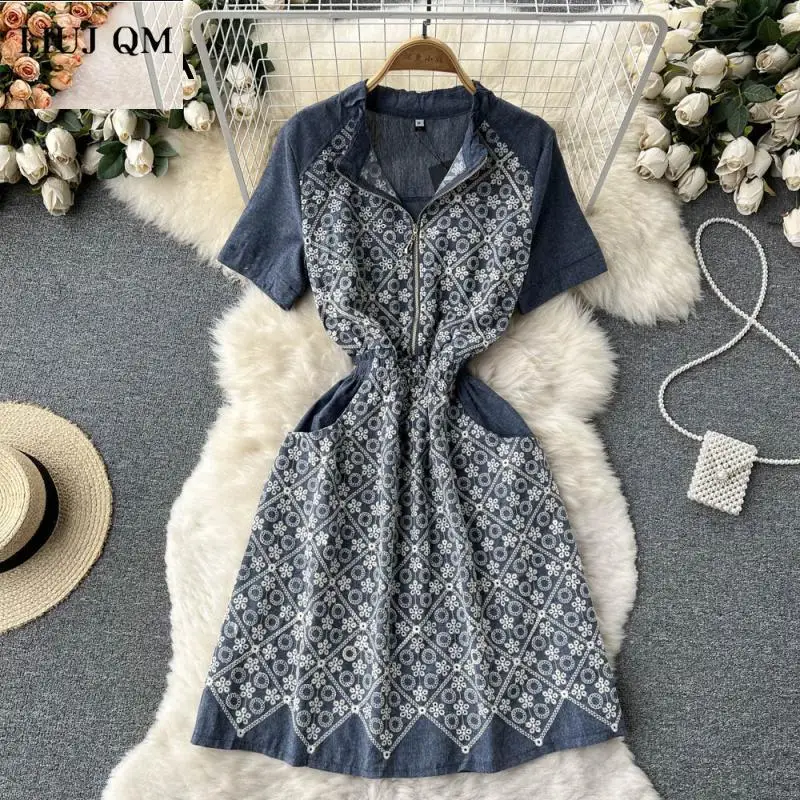 

Runway Vintage Short Sleeve Women Embroidery Dresses Summer Stand Collar Zipper Hollow Out High Quality Streetwear Dress Robes