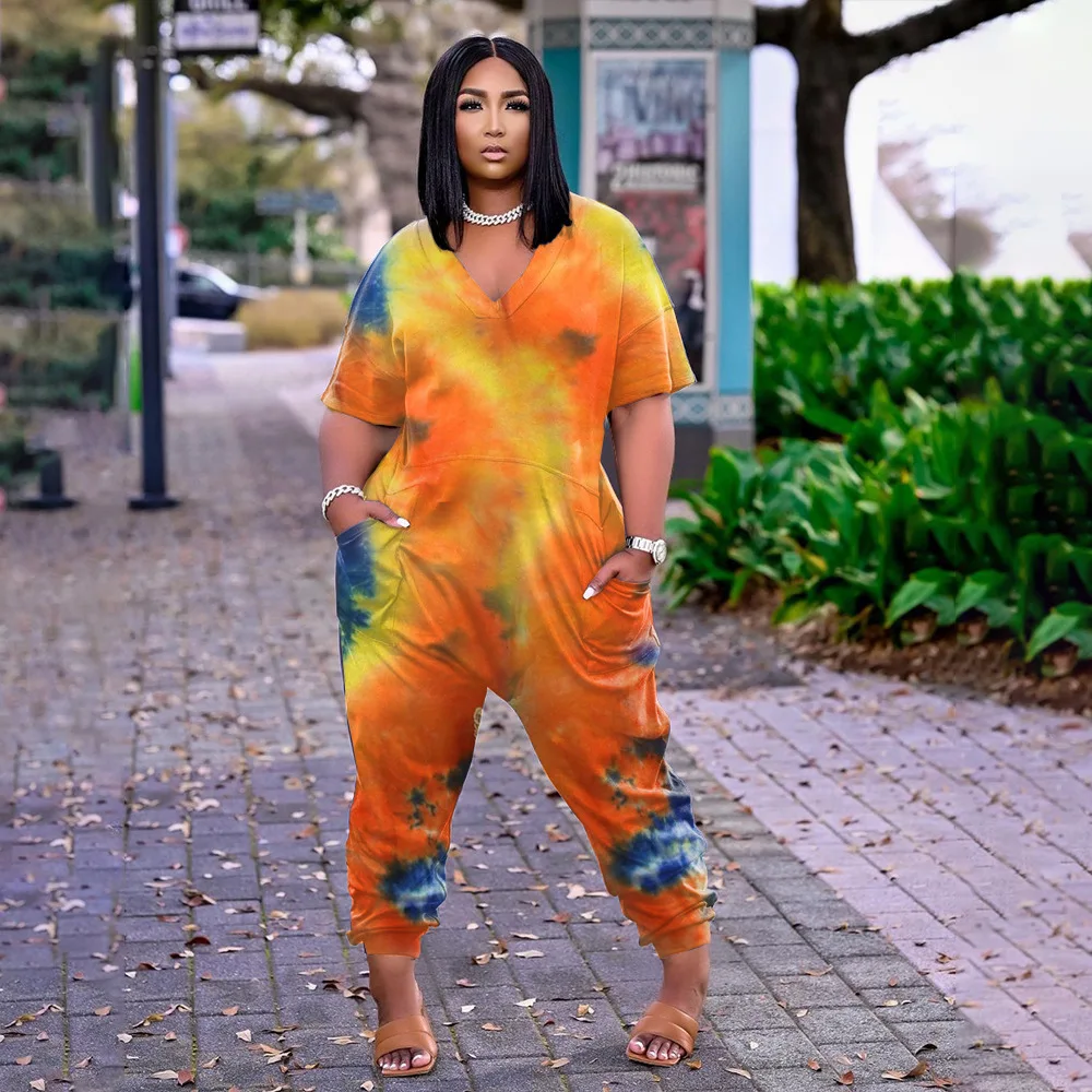 Plus Size Women Jumpsuit Tie Dye Print Pocket One Piece Cloth Female Fashion Pencil Pants  2023 Summer Lady Elegant Jumpsuits