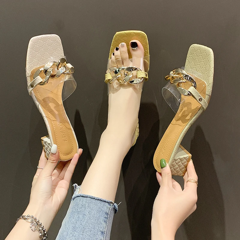 

Сланцы женские прозрачные, декоративные шлепанцы с металлической цепочкой, открытый носок, сланцы, летняя обувь