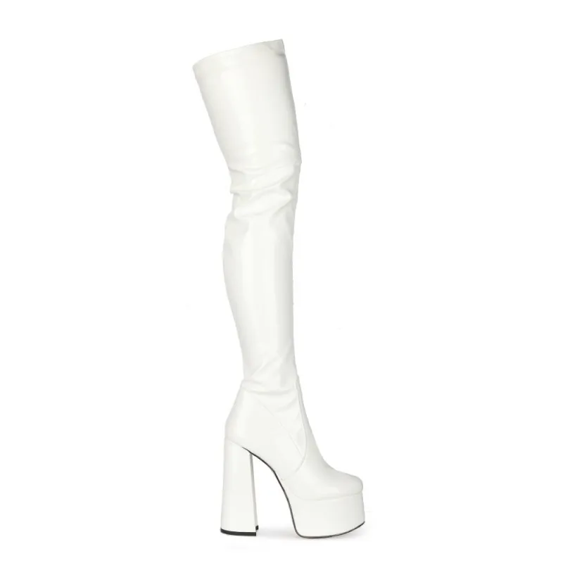 Pole Dance Thick Heel Waterproof Platform Patent Leather Round Head High Heel White Knee Length Boots Large Women's Boots 45