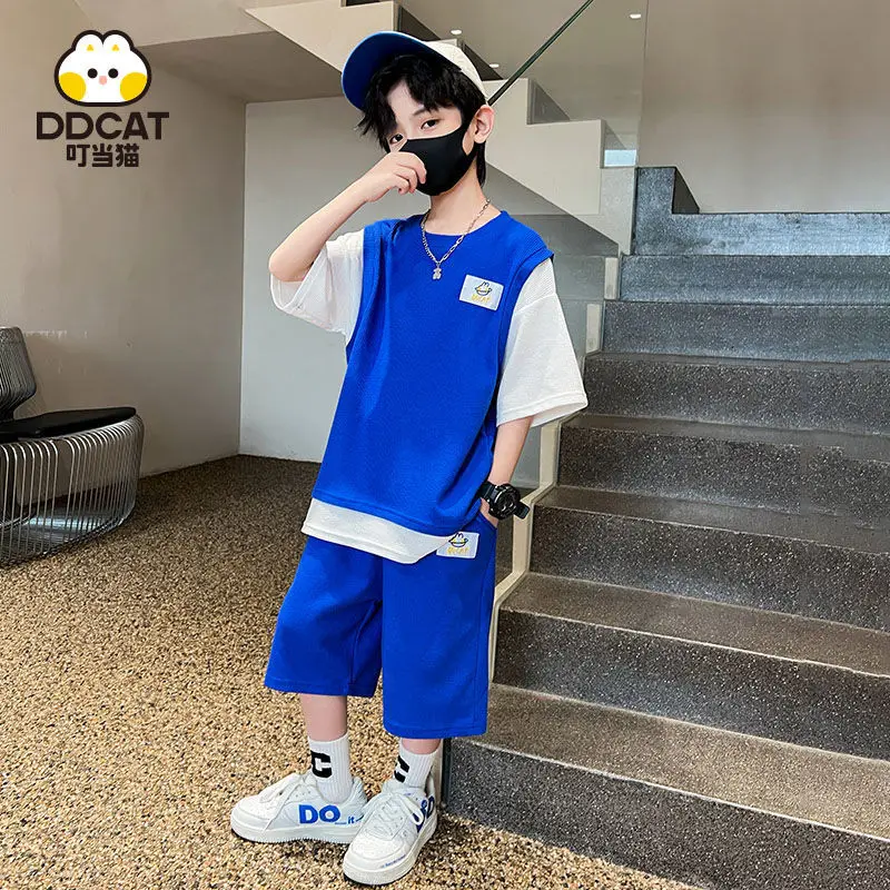 Pokonyan 2022 Kids Boys Suit New Fried Street Two-Piece Summer Fake Two Pieces Short Sleeve Pants