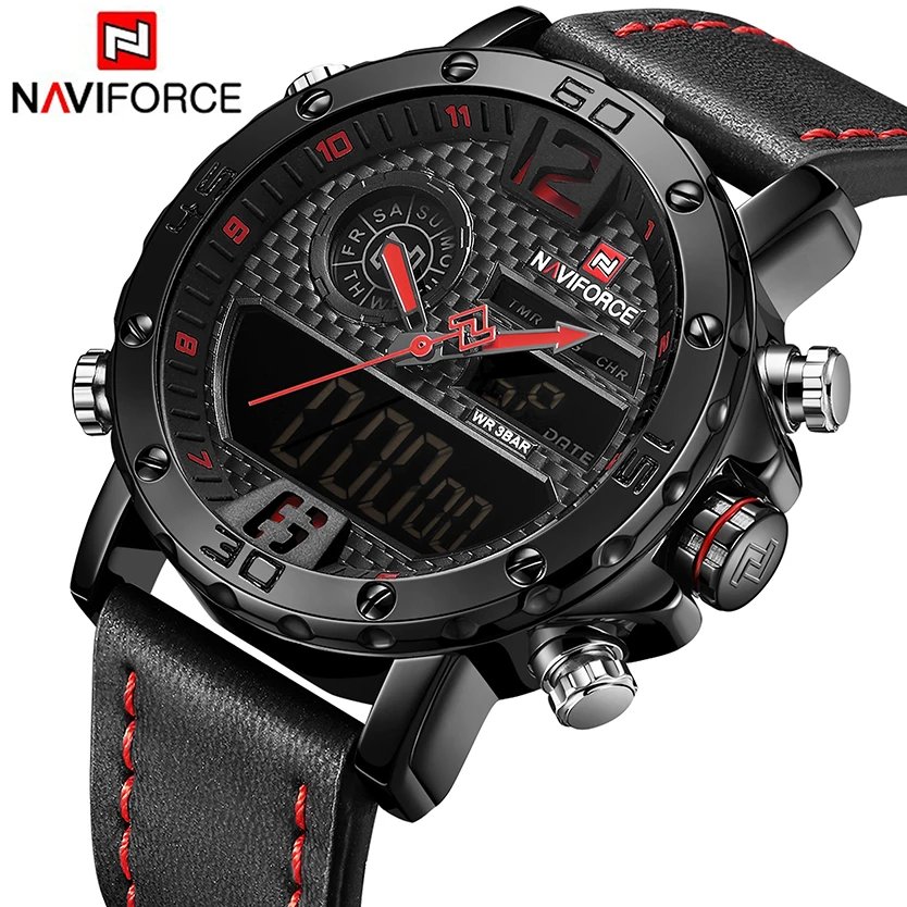 

Часы наручные NAVIFORCE мужские с кожаным ремешком, брендовые роскошные оригинальные водонепроницаемые, с двойным дисплеем, 30 м