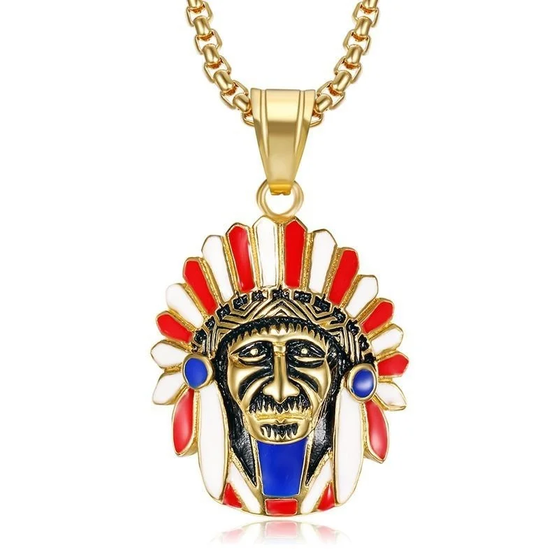 

New Men's Fashion Hip Hop Necklace Titanium Steel Gold Plated Indian Chief Personality Pendant Necklace Fashion Jewelry