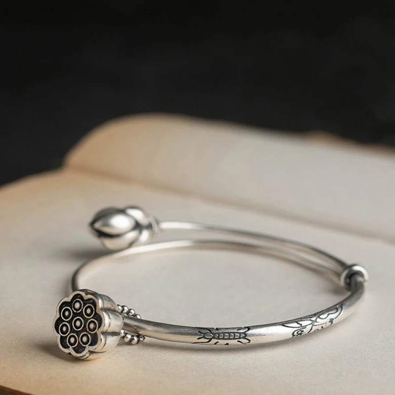 

Браслет женский в ретро стиле, регулируемый браслет в этническом стиле, ручной работы, в стиле ретро, с рисунком лотоса, Ювелирное Украшение