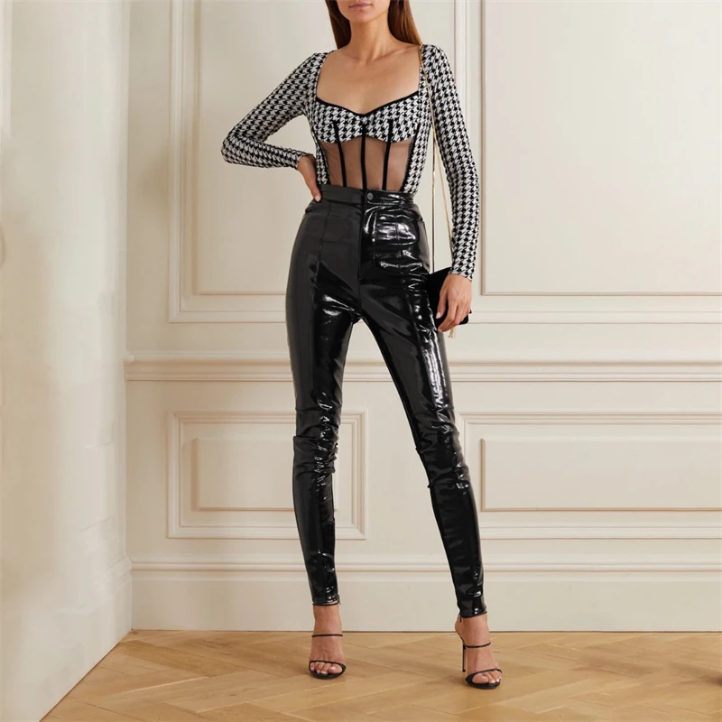 

2023FW new women's square collar see-through hollow one-piece long-sleeved T-shirt y2k fashion high street houndstooth slim top