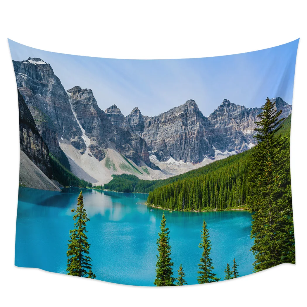 

Canada Lake Landscape Rock Mountain Peaks Trees Blackout Curtains Table Runner Bathroom Set Blanket Tapestry