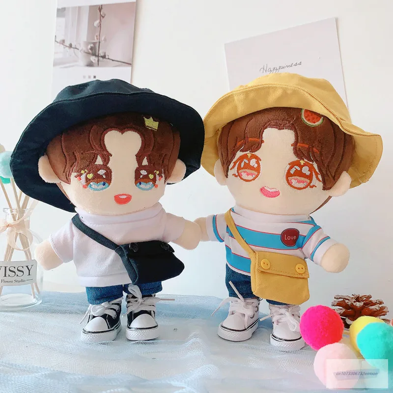 

20cm Doll Plush Doll's Clothes Lovely Fisherman hat Summer suit Stuffed Toys Dolls Accessories for Korea Kpop EXO Idol Dolls