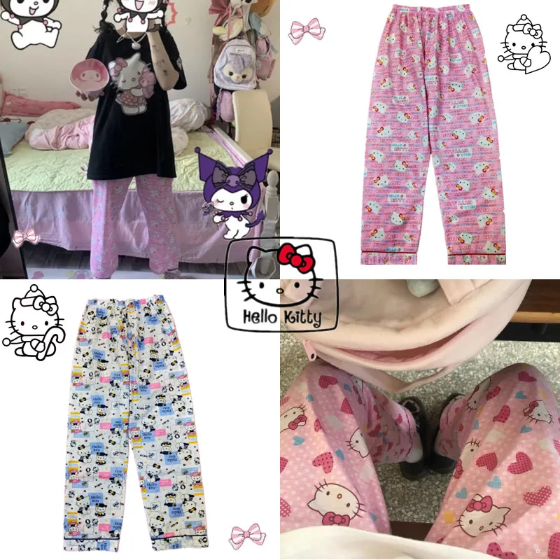 

20 Style Hello Kitty Trousers Girl Oversized Pajamas Loose Autumn Winter Knitting Pure Cotton Cartoon Pants Student Clothes Gift
