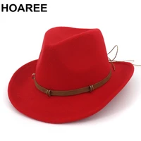 hoaree western cowboy hat men women woolen belt cowgirl red hat british style wide brim autumn winter womens fedora hat
