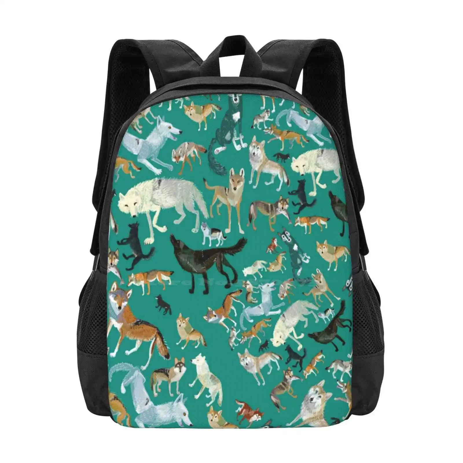Wolves Of The World ( Green Pattern ) 3D Print Design Backpack Student Bag Nature Woodlands Bosque Animals Timber Wildlife