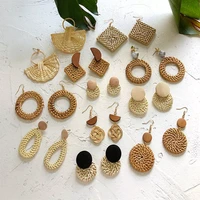 handmade bohemian wooden rattan wicker straw drop earrings for women girls vintage geometric declaration earrings