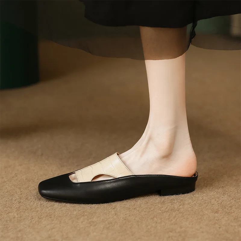 

Fashion All-match22 Summer Retro Niche Low-heeled Leather Soft Leather Semi-trailer Muller Shoes Color Matching Sandals Slippers