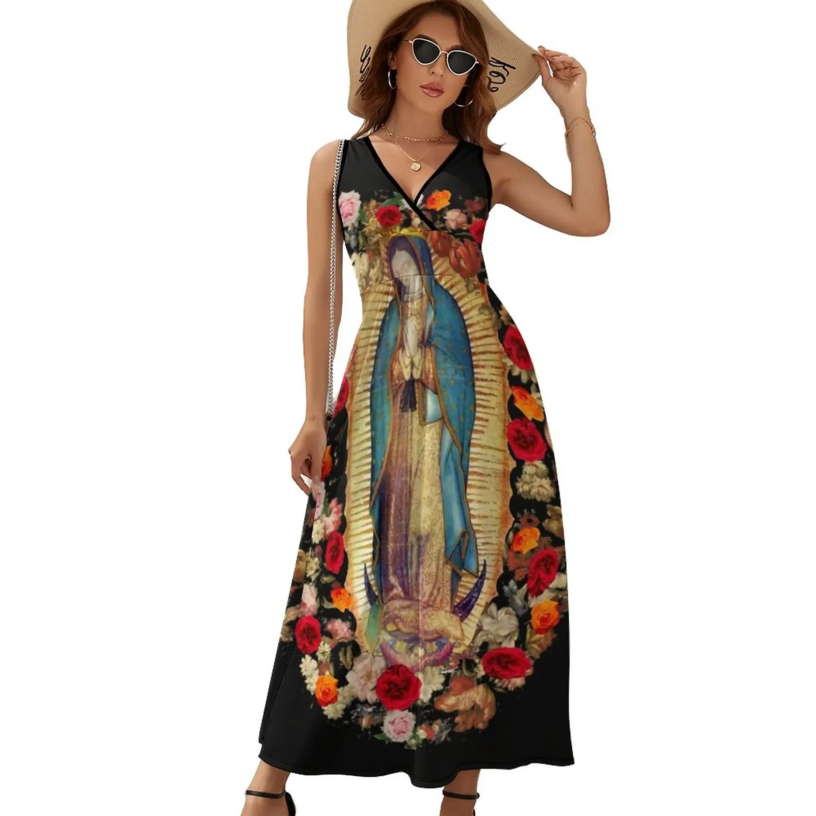 

Платье макси Мексиканская Дева Мария с цветочным принтом для ночного клуба, повседневные длинные пляжные платья в стиле бохо, Одежда большого размера с высокой талией