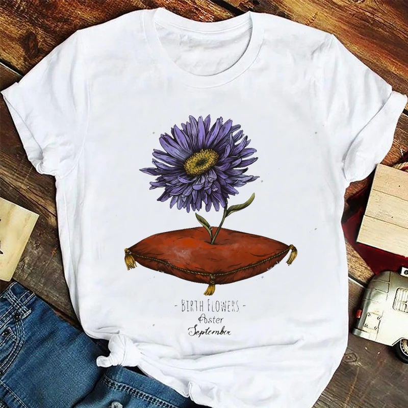 

Простая летняя футболка 2023, Женский Топ, футболка с коротким рукавом и принтом фиолетовых цветов, забавная женская футболка с коротким рука...