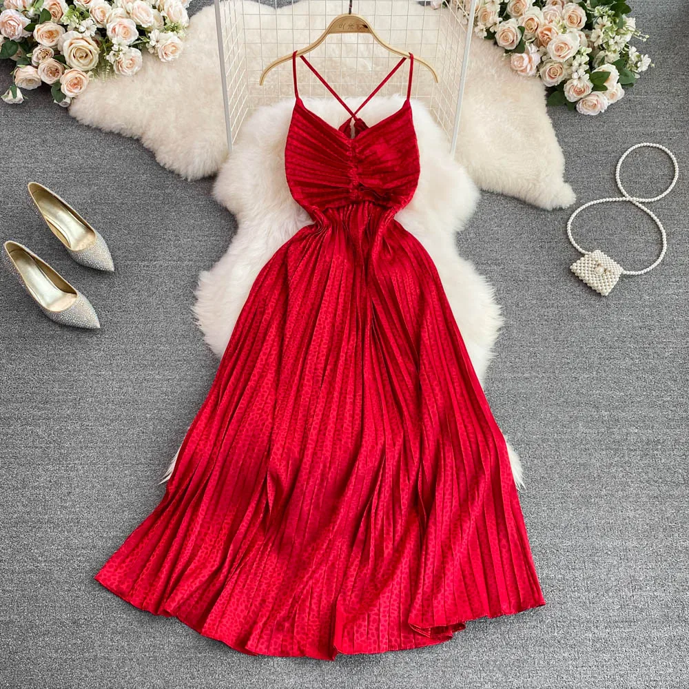 

Advanced Suspender Dress Fashion Open Back Waist Slim Sleeveless A-line Pleated Dress Elegant Long Dress