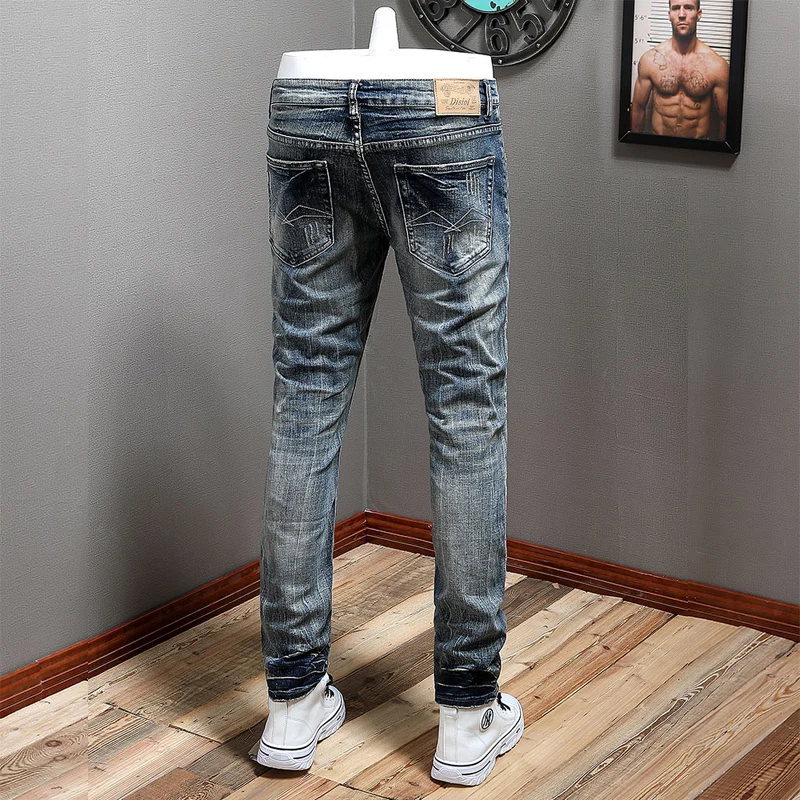 Fashion Designer Men Jeans Retro Gray Blue Elastic Slim Fit Hole Ripped Jeans Men Embroidery Patched Vintage Denim Pants Hombre