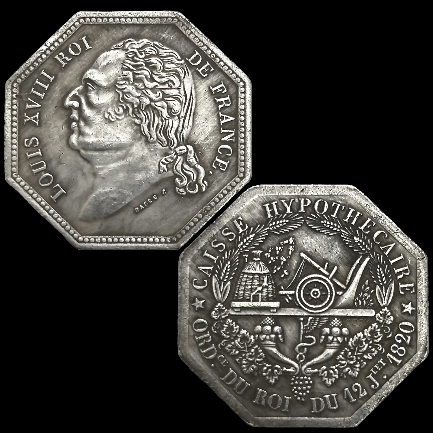 

1820 Французский Король Луи XVIII Антикварная серебряная восьмиугольная монета Историческая и коллекционная копия предметов для украшения дома