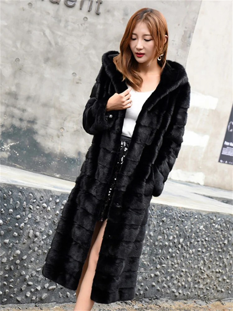 Faux Fur Coat Women Black S-6XL Long Slim 2022 Autumn Winter New Fashion Thick Warmth Hooded Imitation Mink Fur Jackets Feminina