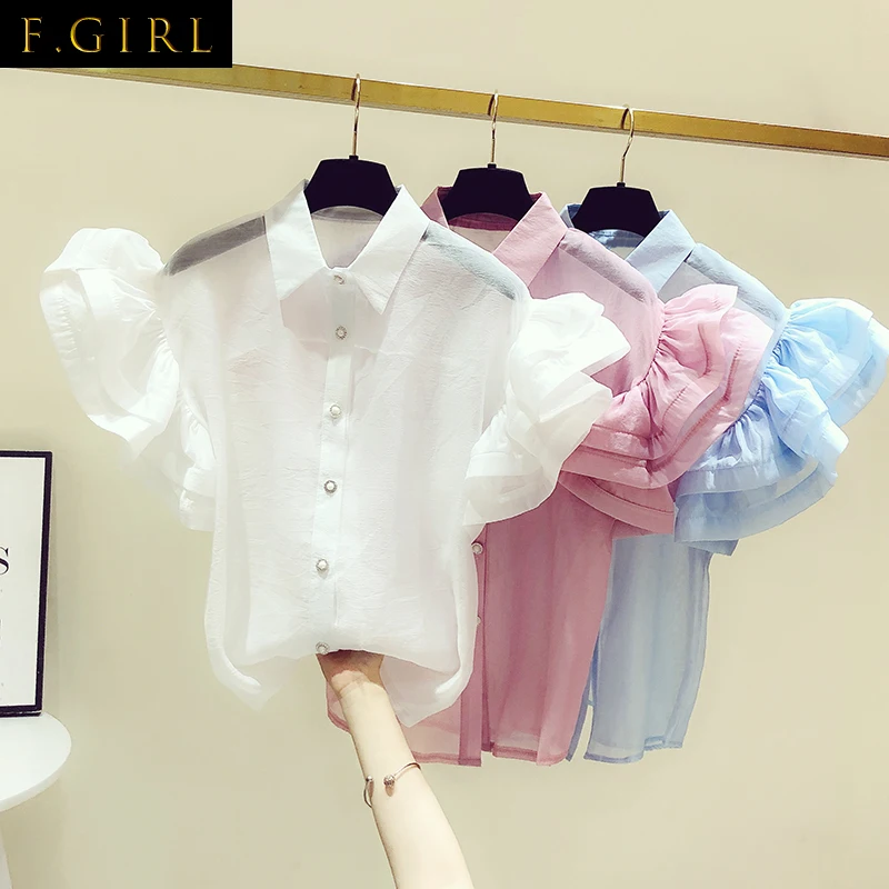 

F GIRLS Ruffles Patchwork Sweet Shirt Blouse Women Turn Down Collar Solid Color Single Breasted Slim Fashion Vetement Femme