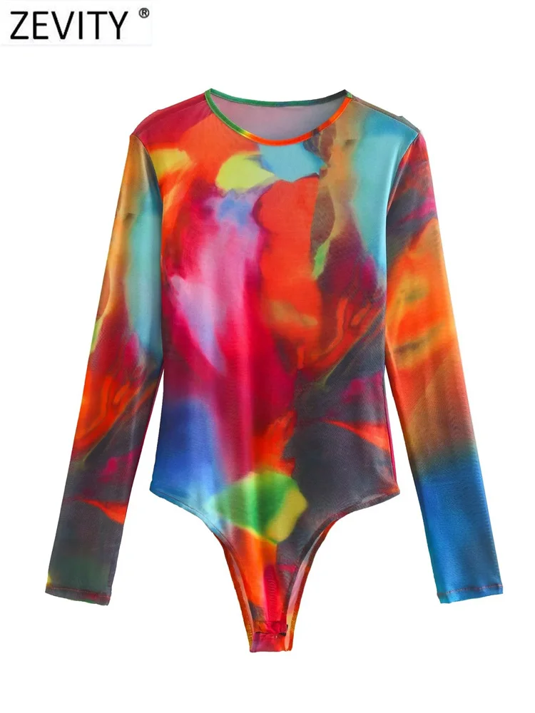 

Zevity Women Sexy Colorful Tie Dyed Printing Mesh Yarn Slim Bodysuits Ladies Long Sleeve Painting Playsuits Mujer Rompers LS2162