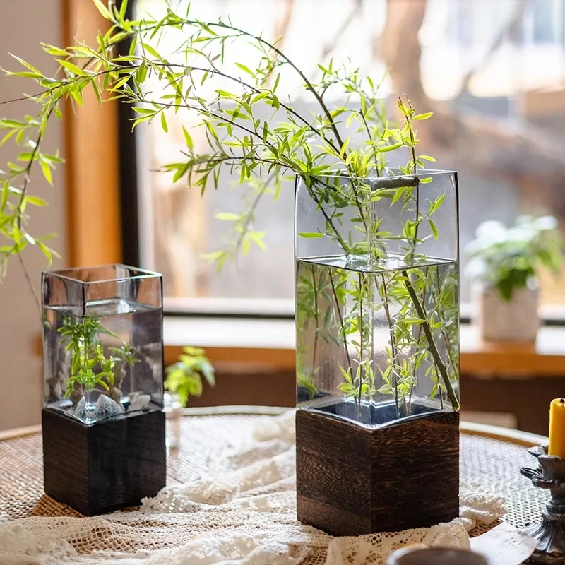 

Nordic Glass Vase with Wooden Base for Hydroponic Flowers Artificial Dried Flowers Living Room Office Desk Terrarium Decoration