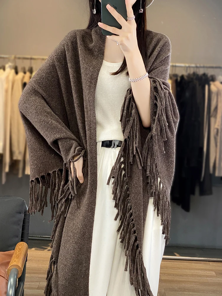 Осенне-зимний вязаный шарф из чистой шерсти 100% шаль Женская с большой кисточкой