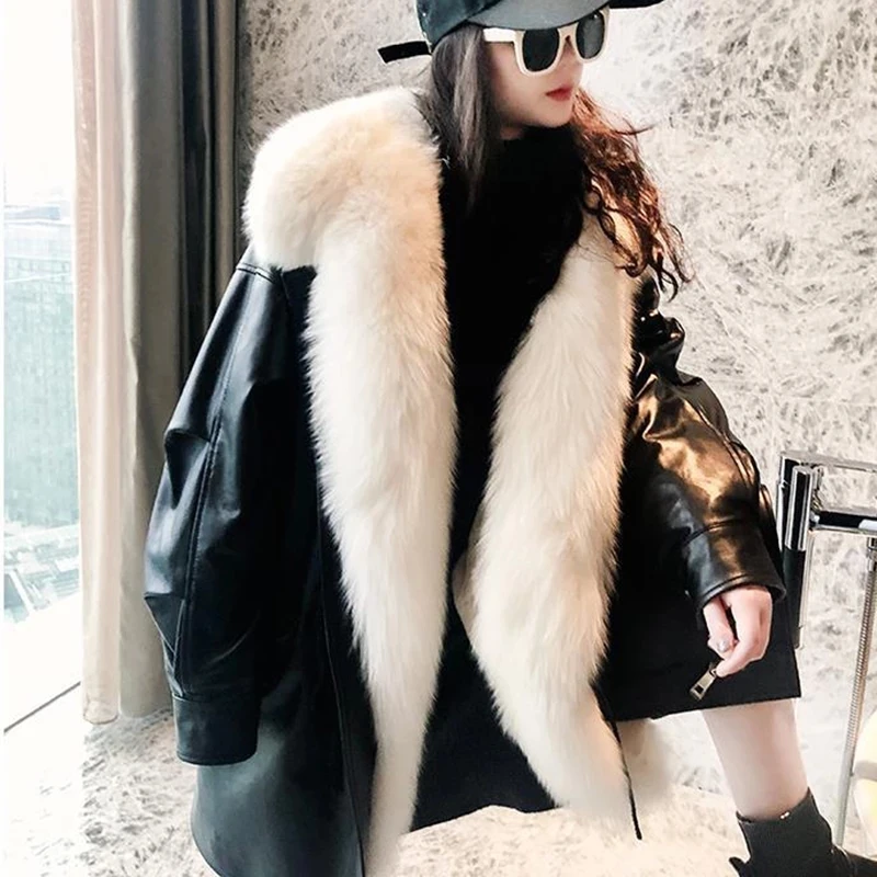 Women Winter Faux Fur Warm Coats Vintage Leather Female Thick Jackets Casual Street Lady Jacket Fox Fur Collar Loose Outerwear