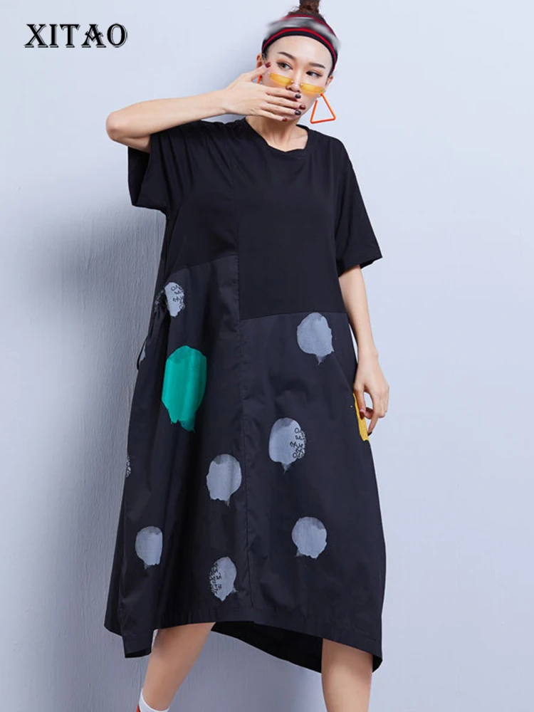 

XITAO/свободное платье в горошек, с круглым вырезом, в стиле пэчворк, пуловер, однотонный цвет, лето 2023, Новое поступление, Повседневная тонкая ...