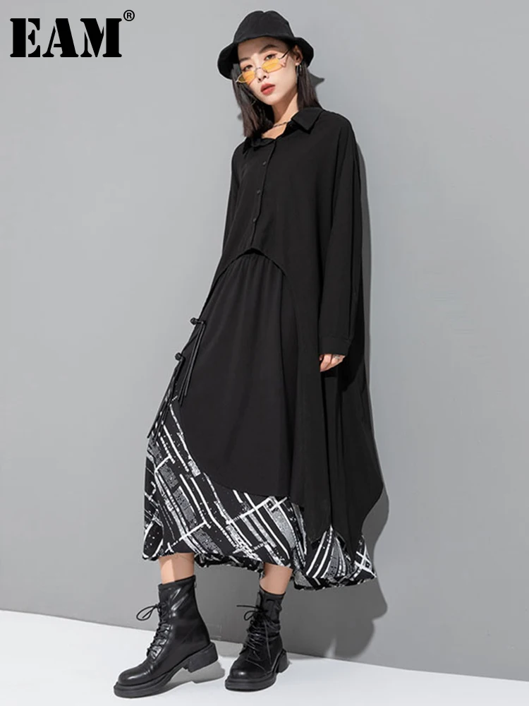 

[EAM] Women Black Irregular Back Long Big Size Blouse New Lapel Long Sleeve Loose Fit Shirt Fashion Spring Autumn 2023 1DF6517