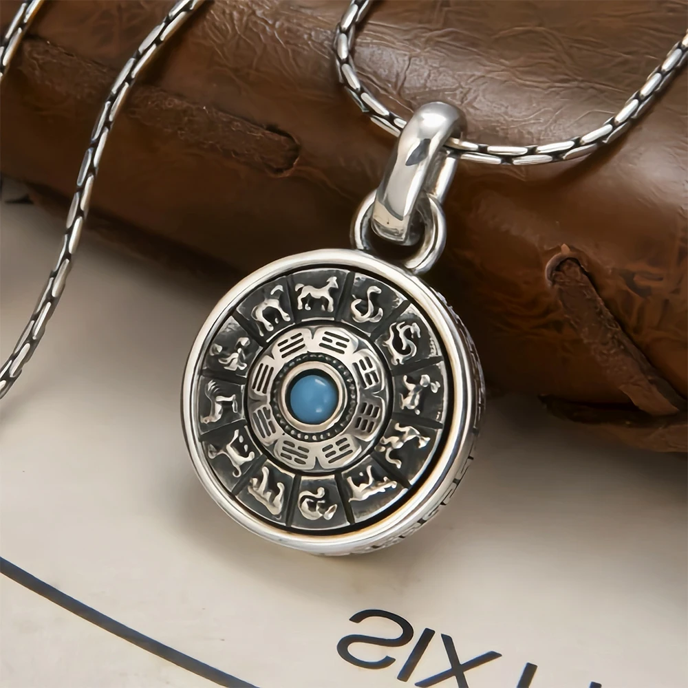 

OANA S925 Sterling Silver Traditional Vintage Rotatable Jiugong Bagua Pendant No Gap Bead Chain Jewelry