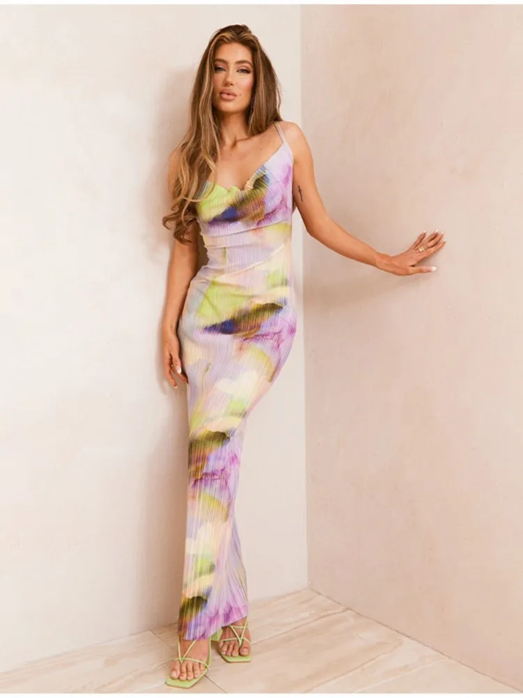 

Элегантное плиссированное платье макси на бретелях-спагетти, окрашенное в завязку, женское пикантное платье с открытой спиной и принтом, без рукавов, лето 2023, женские пляжные платья