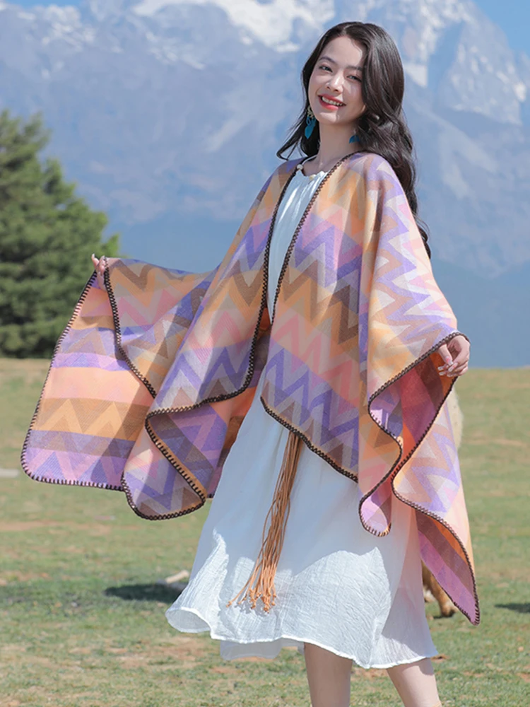 Осенне-зимний милый шарф в стиле преппи женское многослойное пончо теплый