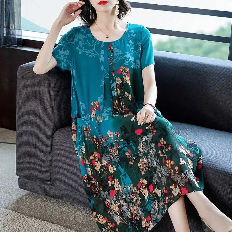 Women Summer Print Chiffon Dress New Fashion Knee-Length Middle-aged Mother Dress Elegant Women's Beach Dress Loose 5XL Vestidos