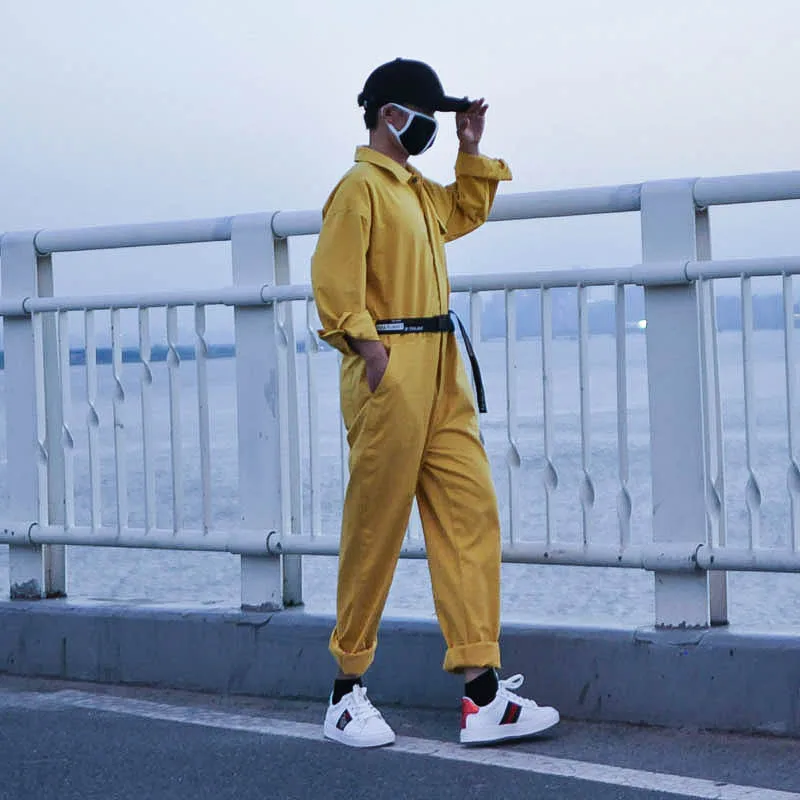 YUTU&MM Homemade Lemon Yellow Cotton Street Style Jumpsuit Long Sleeve Trousers Multi Pocket Shirt Collar Cargo Pants