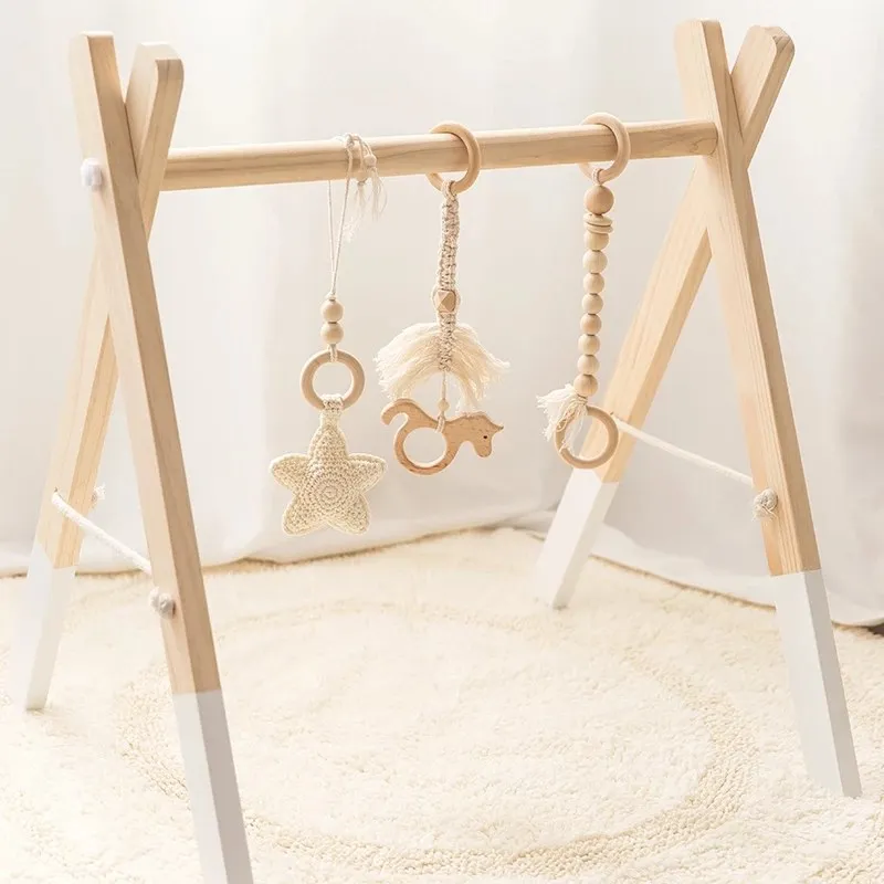 

1 Set Natural Wooden Baby Gym Toys Shower Gifts Room Decor Frame With Star Pendant Triangular Curved Shape Foldable Activity