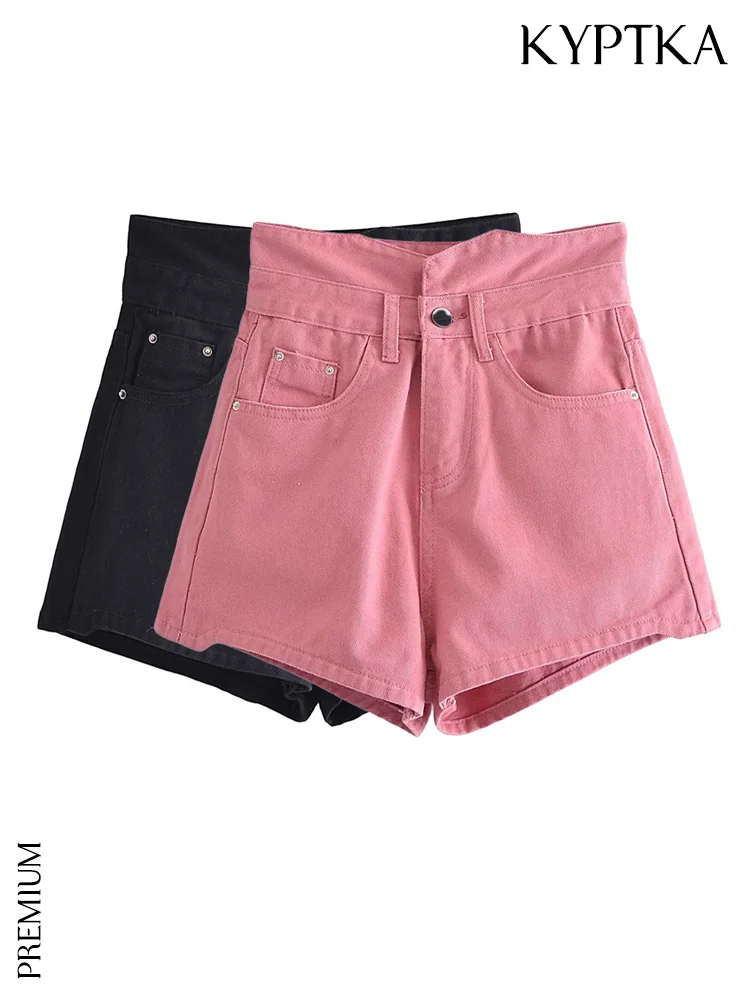 

KYPTKA Women Fashion With Pockets Denim Shorts Vintage High Waist Zipper Fly Female Short Pans Mujer