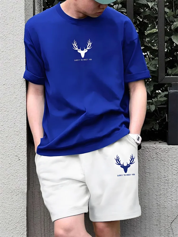 Two Piece Set Antler Print Men's Short Sleeve Shorts Summer Everyday Fashion T-shirt Outdoor Casual Beach