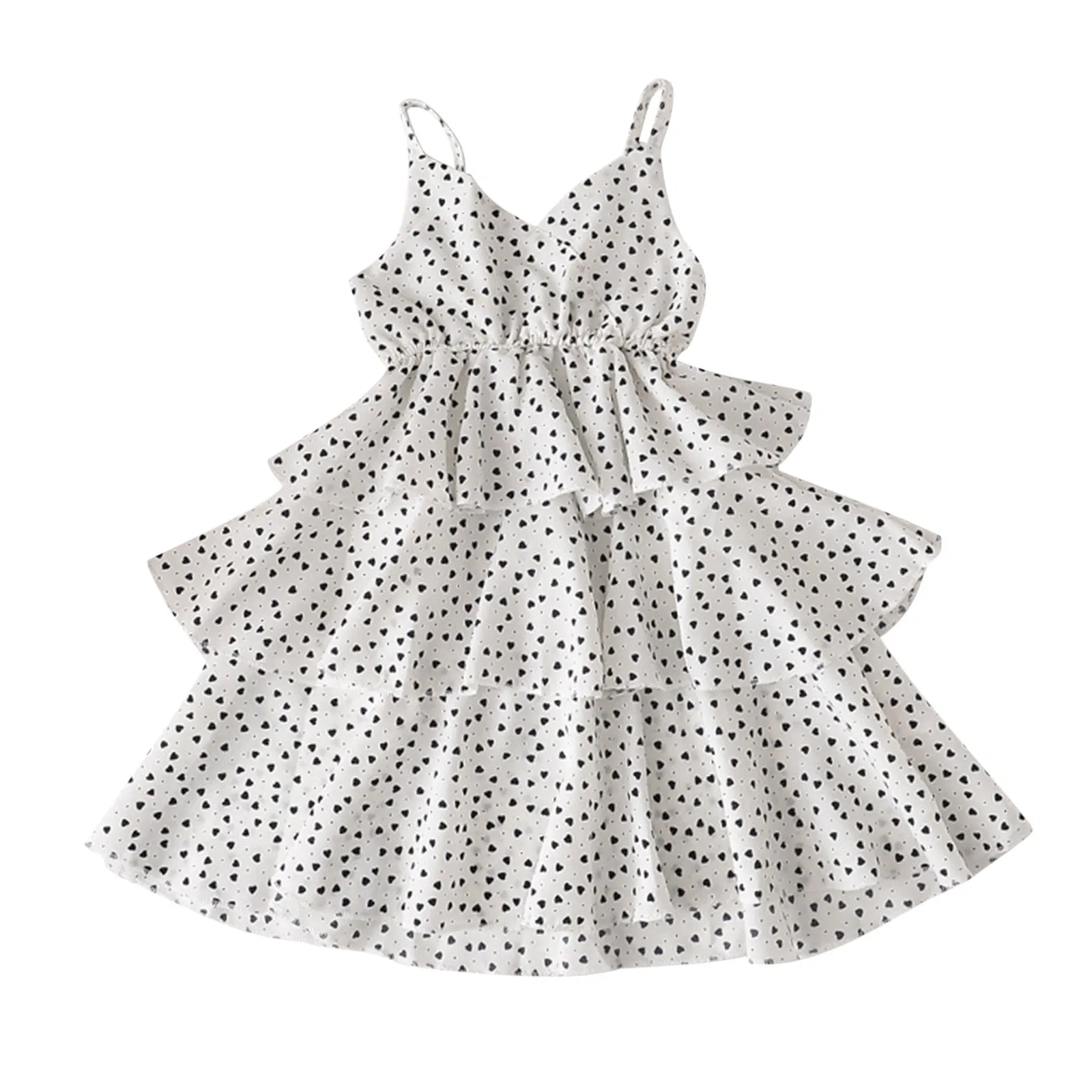 

Polka Beach Neck Princess Kids Clothes V Heart Ruffled Layered Slip Toddler 1-6 Girls Sleeveless Print Baby Girl Wedding Dress