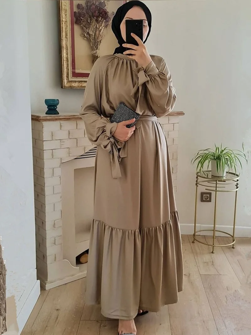 

Рамадан с оборками Abaya мусульманское арабское Длинное Платье женское атласное женское платье женское исламанское строгое платье Caftan Eid веч...