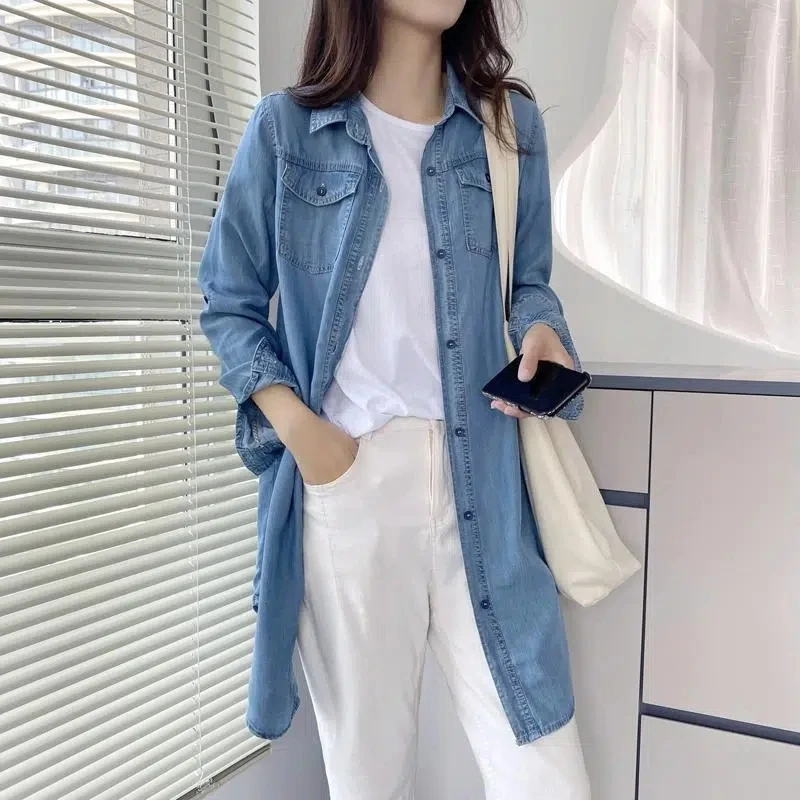 

2023 New Women Denim Shirt Female Spring Autumn Denim Coat Korean Loose Oversize Shirt Denim Jacket Top Women Long Jacket Coat