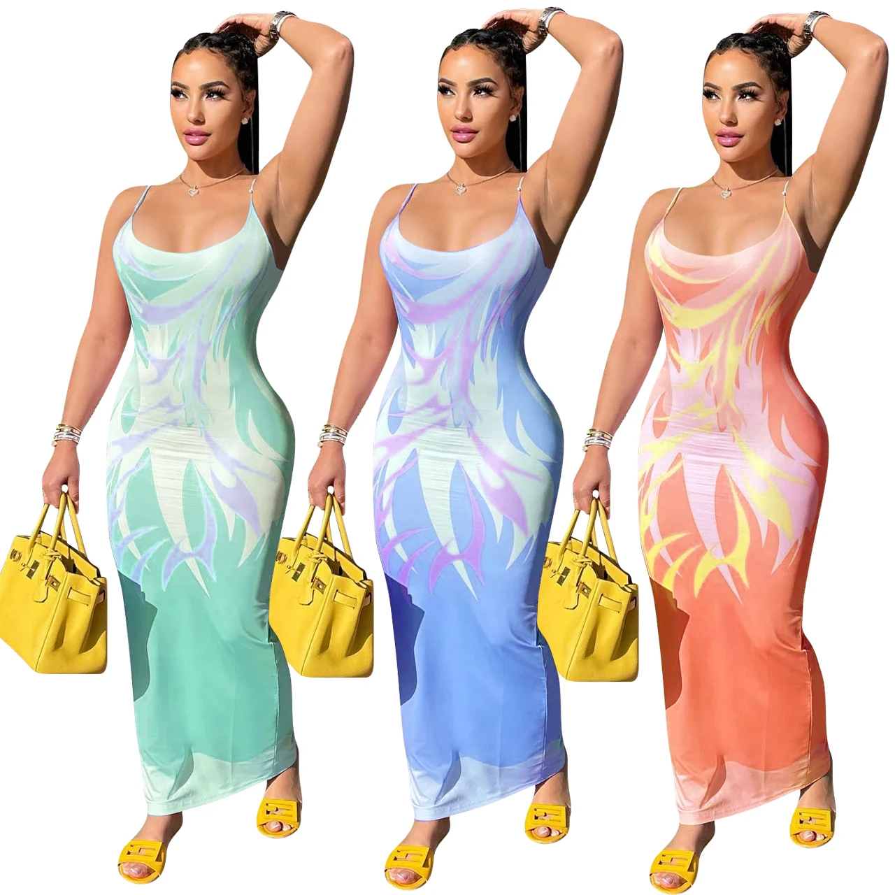 

Женское длинное платье на тонких бретельках, привлекательные облегающие платья-карандаш с низким вырезом и принтом