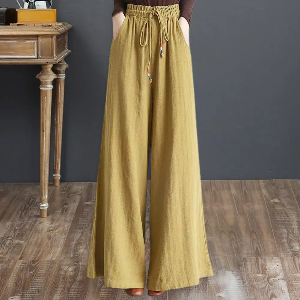 

Women Wide Leg Pants Solid Color Elastic Waist Cotton Linen Drawstring Long Trousers Summer Loose Casual Pants Women Clothing