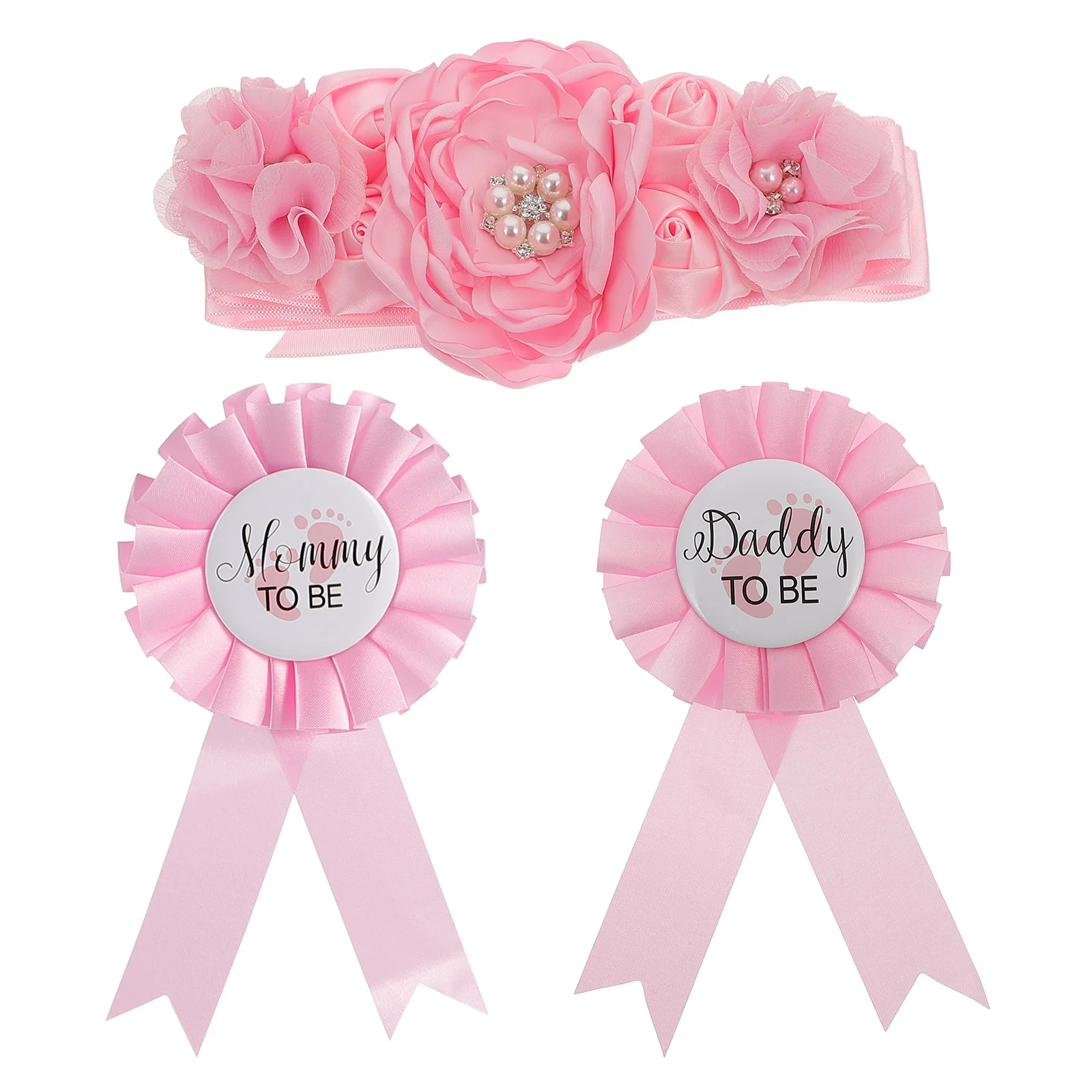 

Belt Badge Set Pregnancy Belly Mommy Daddy Corsage Baby Gifts Shower Sash Chiffon Photo Prop Flower Maternity Pregnant Woman