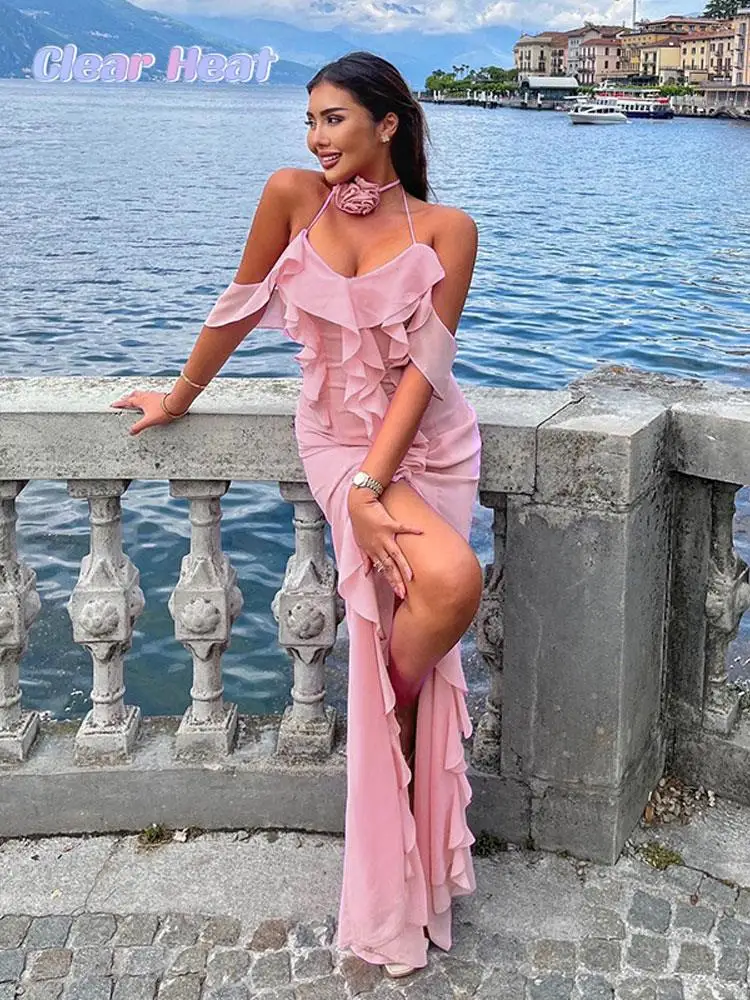 

Women Fashion Sexy 3d Flower Ruffles Split Dress Elegant Solid Sleeveless Halter Dresses Summer Female Evening Party Vestidos